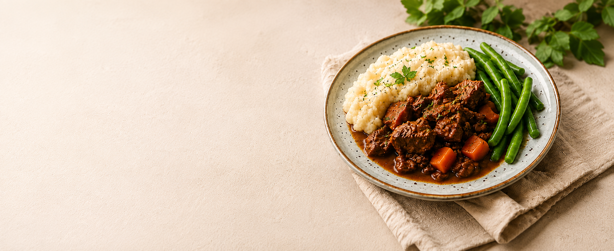 Homemade beef dish with mashed potatoes and green beans